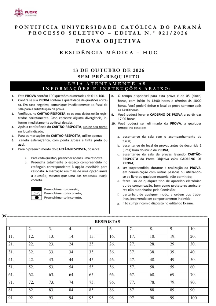 Capa do caderno de acesso direto da PUCPR 2027, edital 021/2026, aplicado em 13 de outubro de 2026